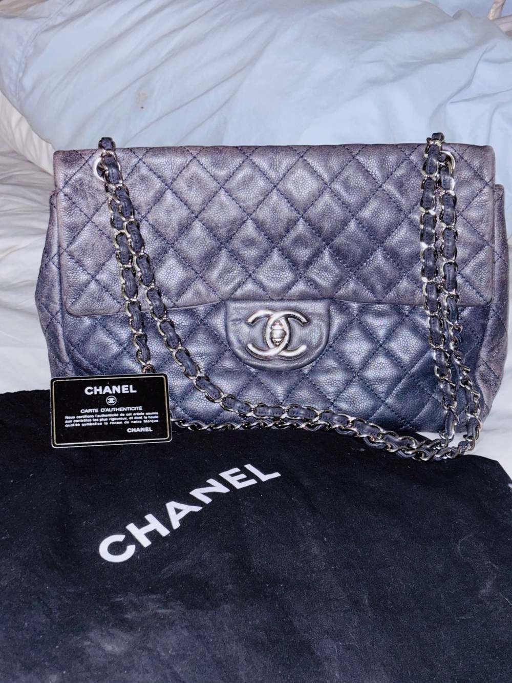CHANEL vintage Maxi Classic Flap Navy Caviar Leather w/ Silver Hardware